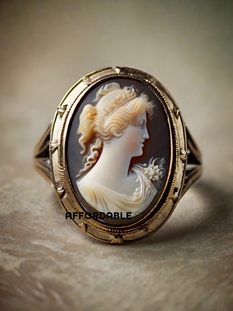 A gold ring with a woman's face on it
