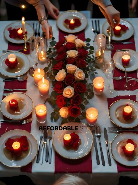 A table set for a romantic dinner with candles and flowers
