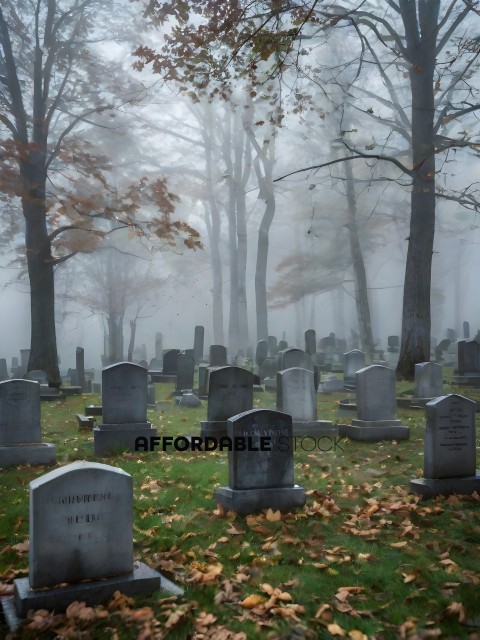 A Foggy Cemetery with Leaves on the Ground