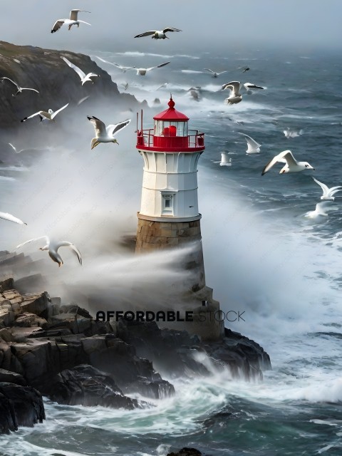 A lighthouse with seagulls flying around it