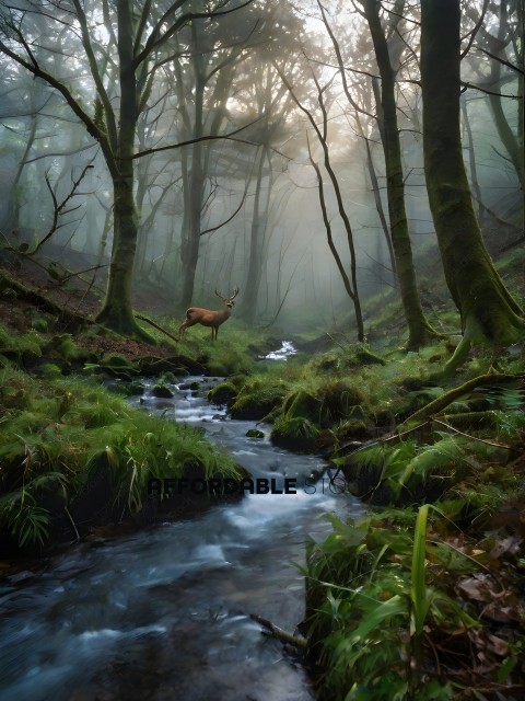 A deer is walking through a forest with a stream