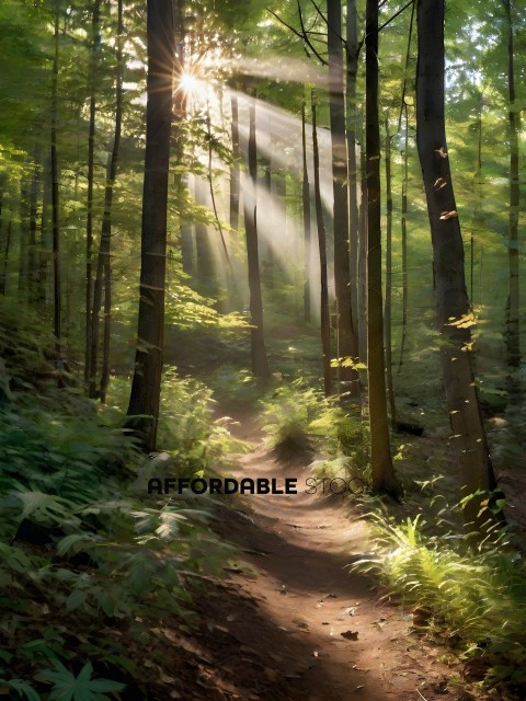 A sunlit forest path with a dirt trail