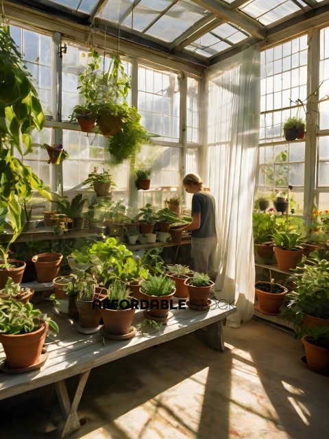 A woman in a green shirt is tending to a large collection of potted plants