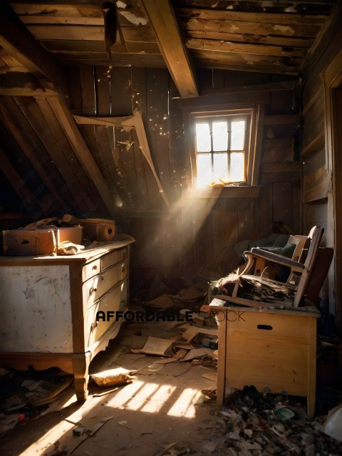 A room with a chair and a dresser with a sunbeam coming through a window