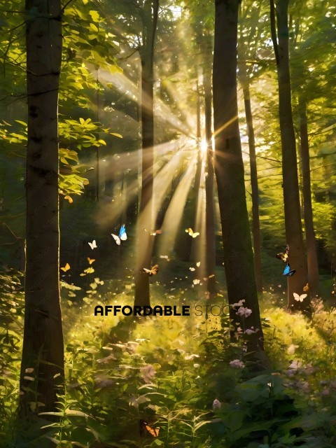 A forest with butterflies and sunlight