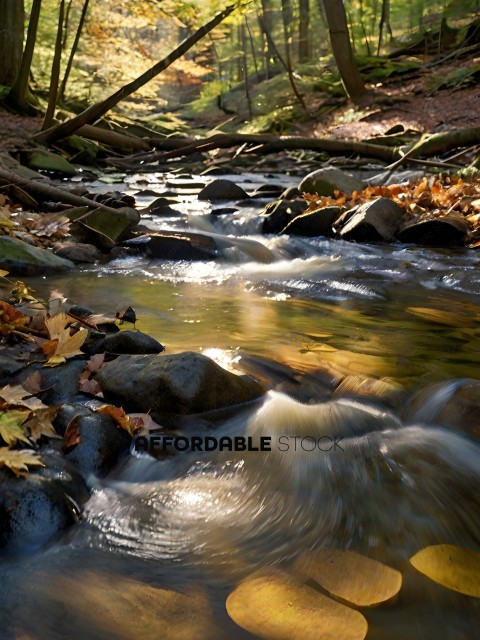 A stream with rocks and leaves