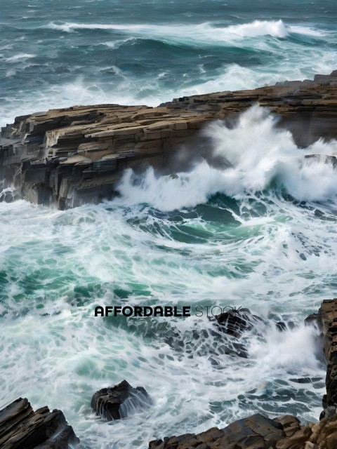 A large wave crashing on a rocky shore