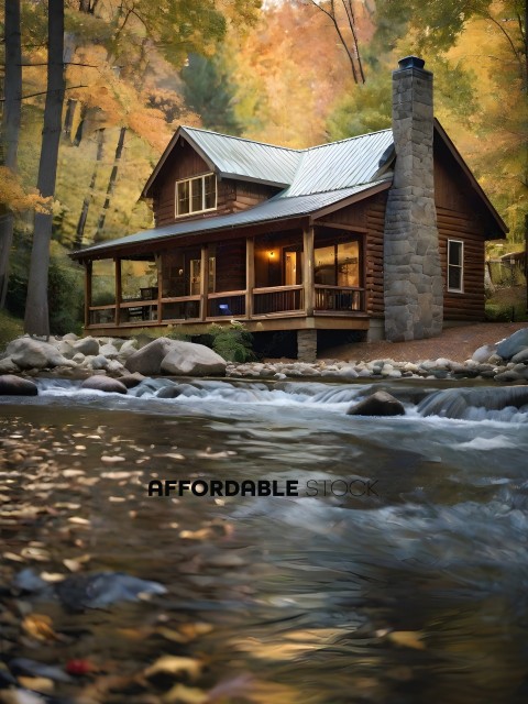 A beautiful wooden cabin with a stream running by it