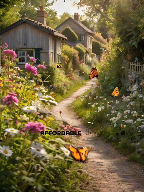 A pathway lined with flowers and butterflies