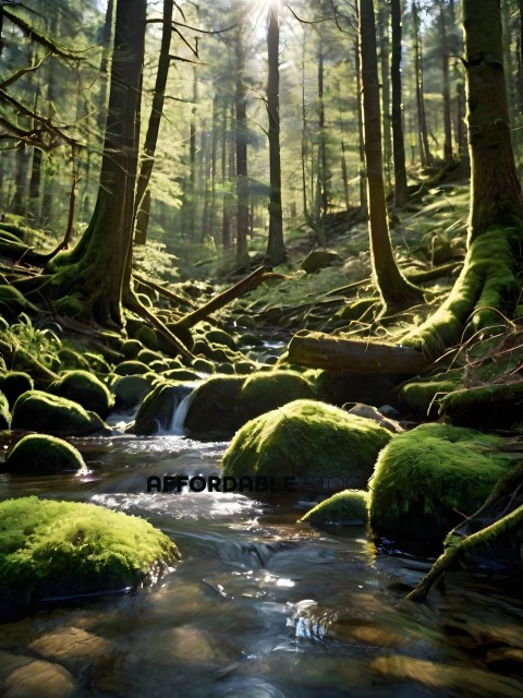 A forest stream with moss and rocks