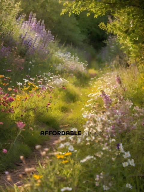 A pathway through a field of flowers