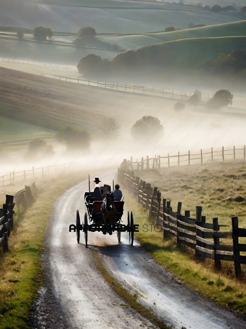 A horse and buggy travels down a country road