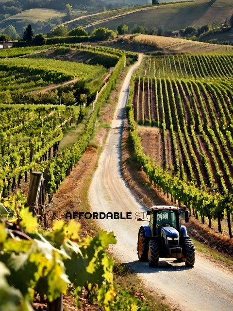 A tractor is driving down a dirt road in a vineyard