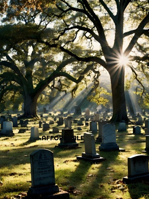 A Sunlit Cemetery with Trees and Sunlight Streaming Through