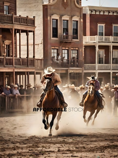Two cowboys riding horses in a rodeo