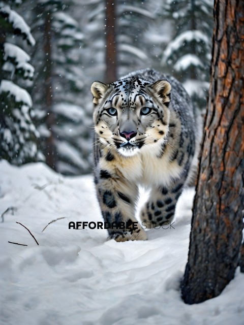 A snowy forest scene with a snow leopard walking through the snow