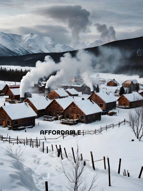 Snowy village with smoke coming out of chimneys