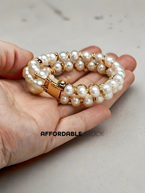 A person is holding a bracelet made of pearls