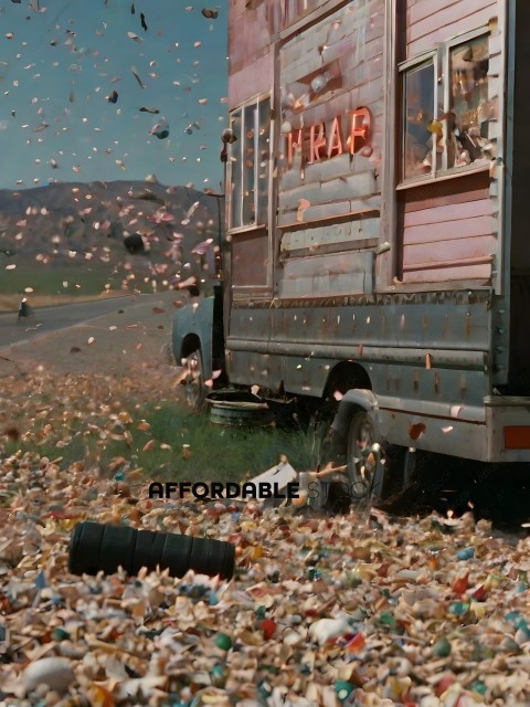 A truck is driving through a field of confetti