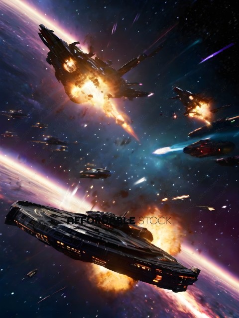 A spaceship battle in a galaxy with explosions