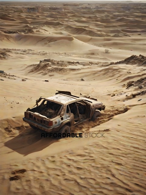 A destroyed vehicle in a desert