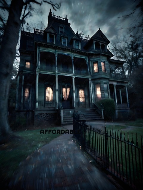 A dark and eerie mansion with a fence