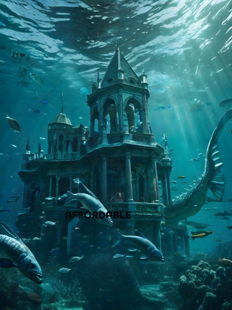 A castle-like structure with a sunken roof and a large sea creature swimming by