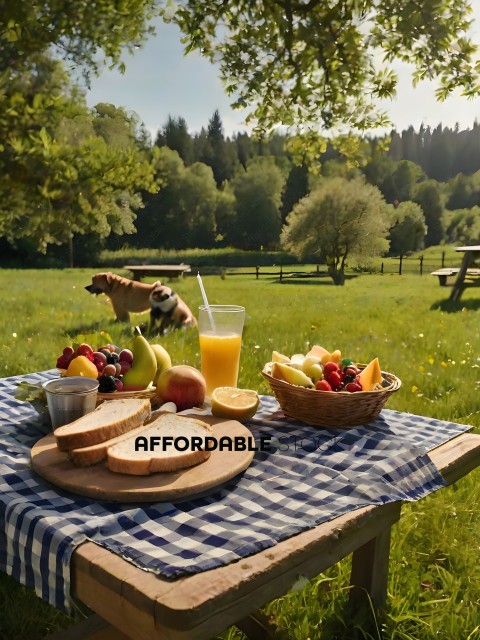 A picnic table with a basket of fruit and a glass of orange juice