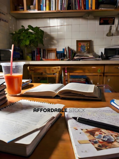 A desk with books, a cup of juice, and a pen