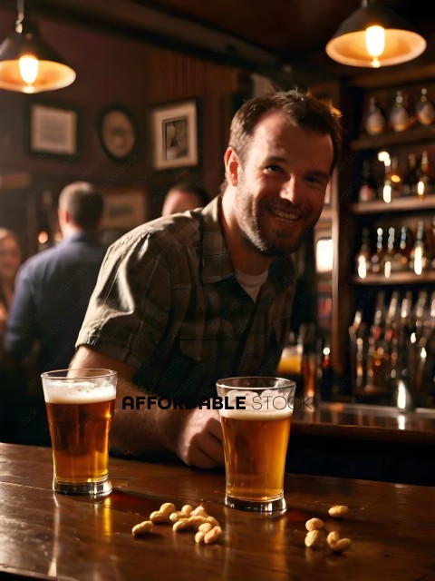 Man in plaid shirt smiling at the camera while holding two glasses of beer