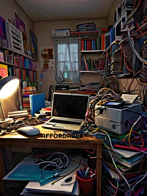 A messy desk with a laptop and many books