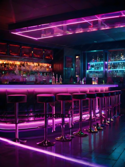 A neon lit bar with a row of stools