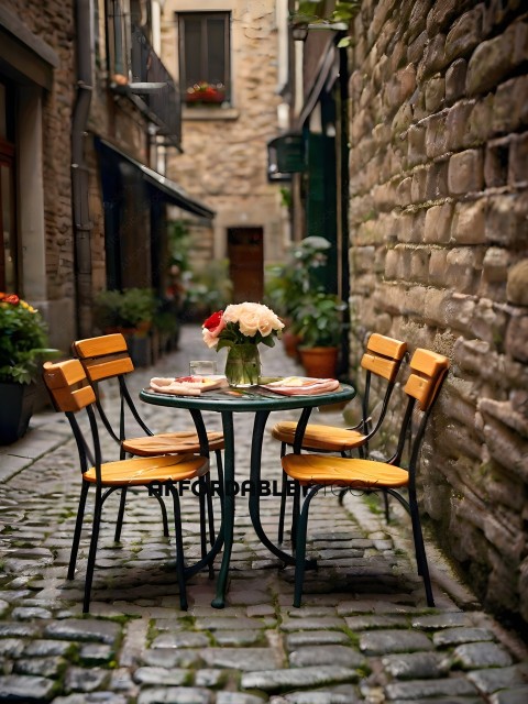 A table with flowers and food on a cobblestone street