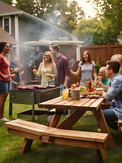 A group of people are gathered around a grill and a picnic table