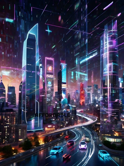 Futuristic Cityscape with Lights and Vehicles