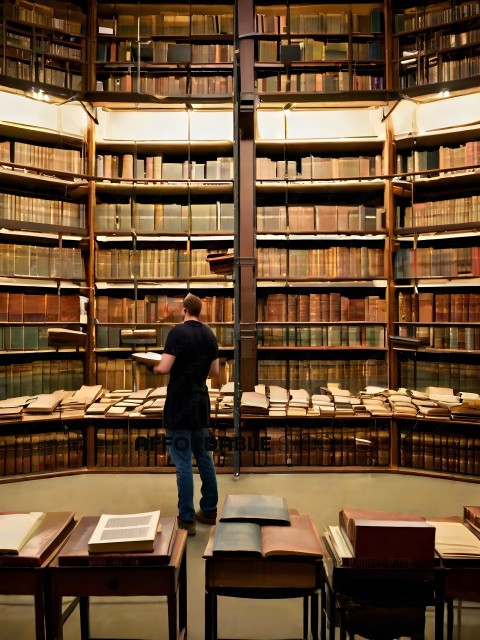 Two men standing in a library with a lot of books