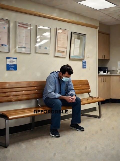 Man wearing a mask sitting on a bench in a waiting room
