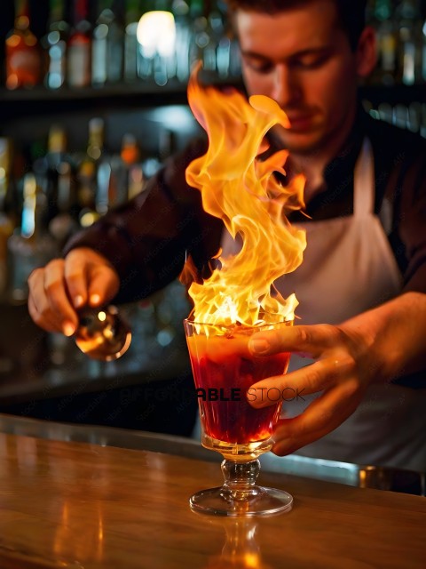 Bartender pouring a flaming drink into a glass