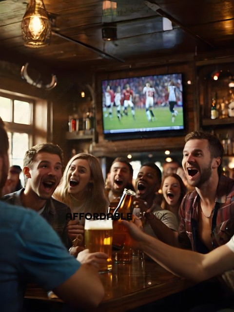 A group of people are watching a sporting event on a big screen television