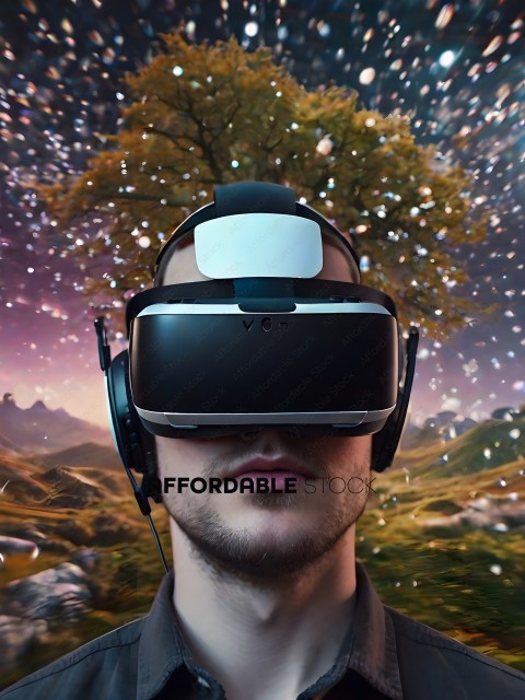 Man wearing VR headset with a tree in the background