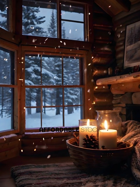 A cozy cabin scene with a lit candle and snow falling