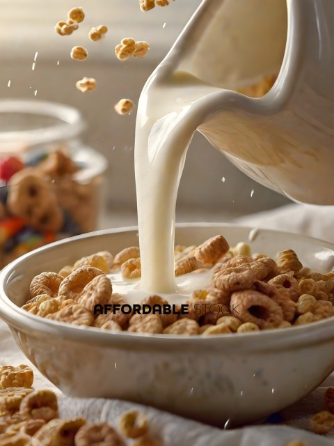 A bowl of cereal with milk being poured in