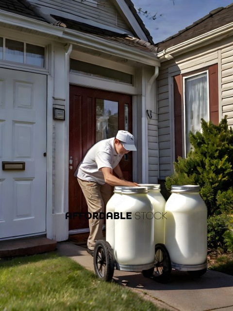 Man pushing two milk jugs to a house