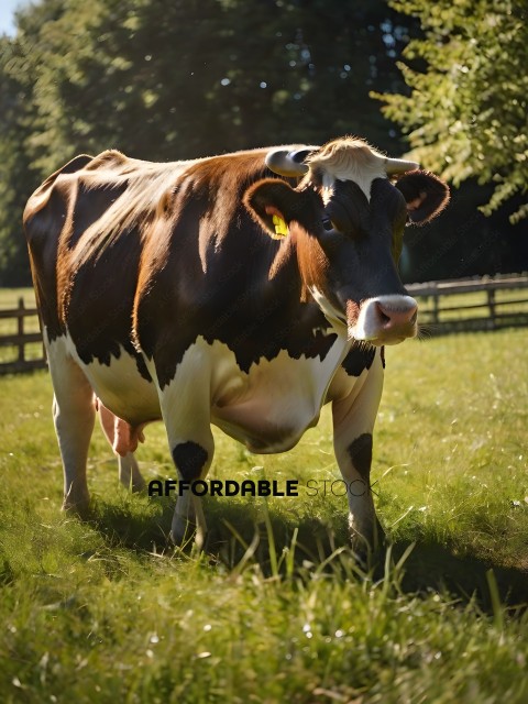 A brown and white cow standing in the grass