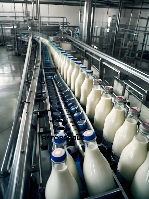 Milk bottles on a conveyor belt