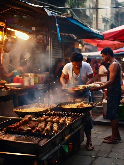 Two men cooking food on a grill in an outdoor market