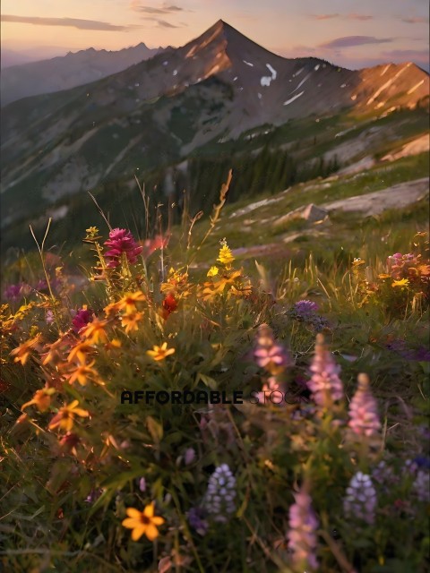 A beautiful mountain scene with a field of flowers