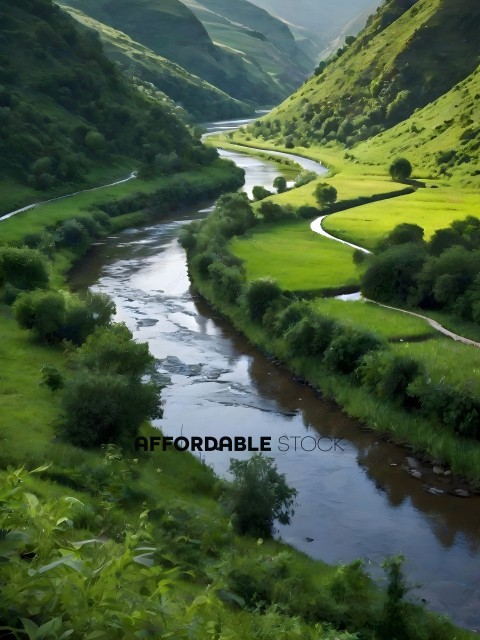A river runs through a lush green valley