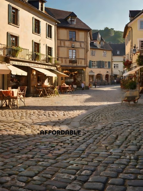 Cobblestone street with shops and people