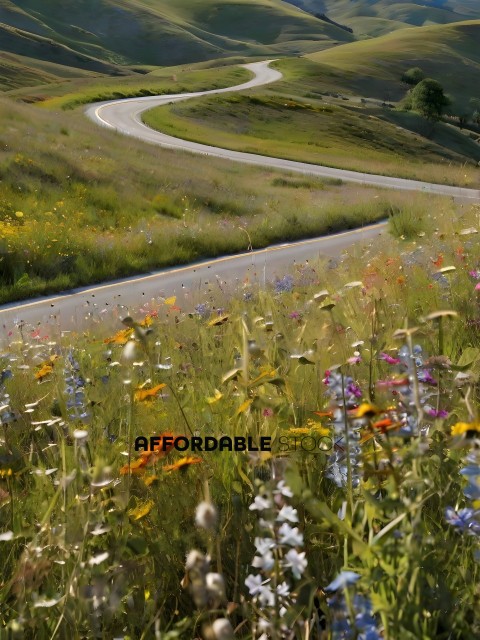 A road runs through a field of flowers